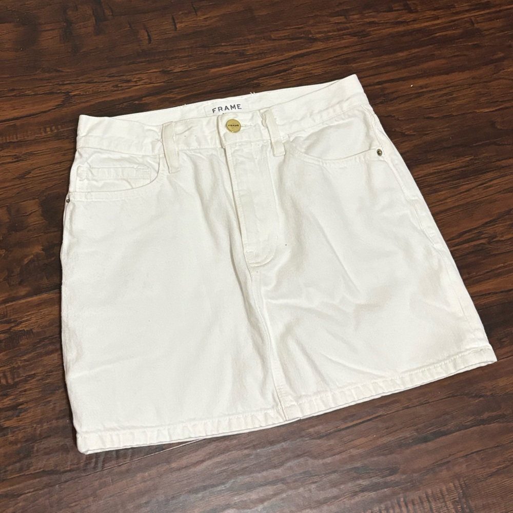 frame white denim mini skirt